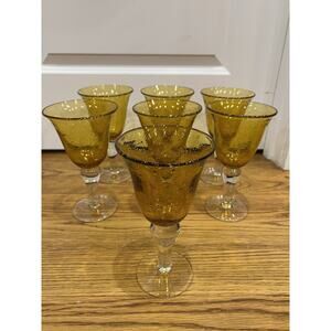 Artland Water Goblets Iris Citrine Amber Set Of 6 Bubbled Bowl Clear Stem‎